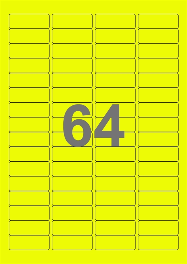 A4-etiketter, 64 Udstansede etiketter/ark, 45,7 x 16,9 mm, neon gul, 100 ark